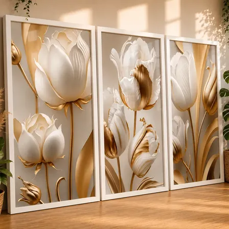 Quadro de tulipas brancas com detalhes dourados